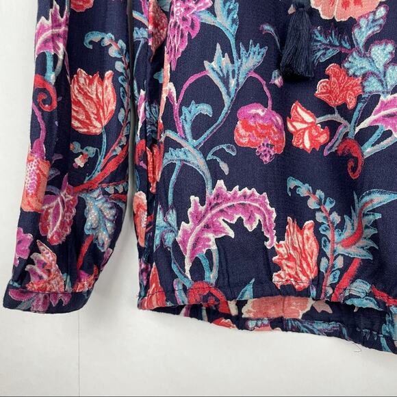 Lucky Brand | Navy Colorful Floral Print Boho Popover Tassels Long Sleeve Top - Picture 10 of 12